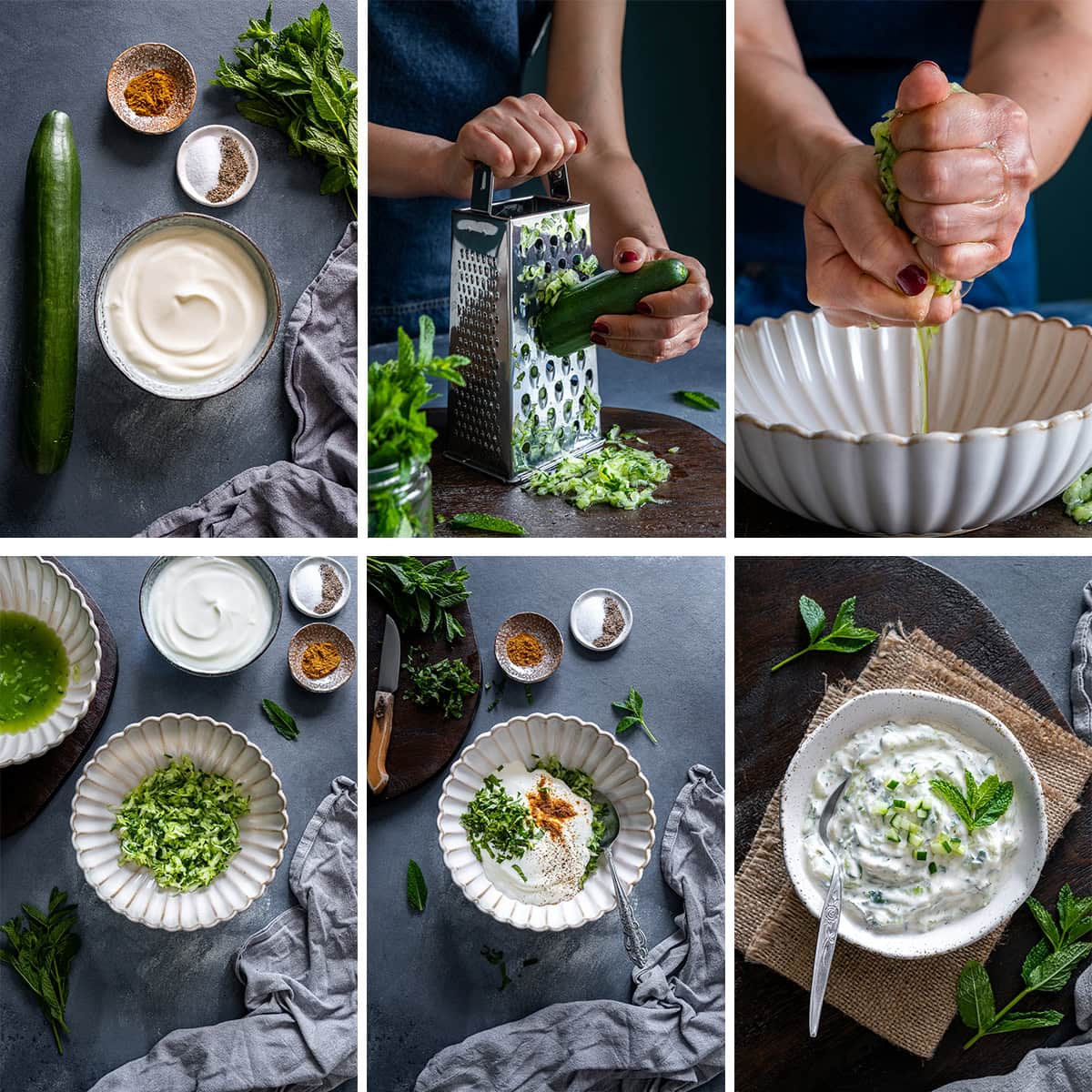 Collage showing 6 process shots for Cucumber Mint Raita