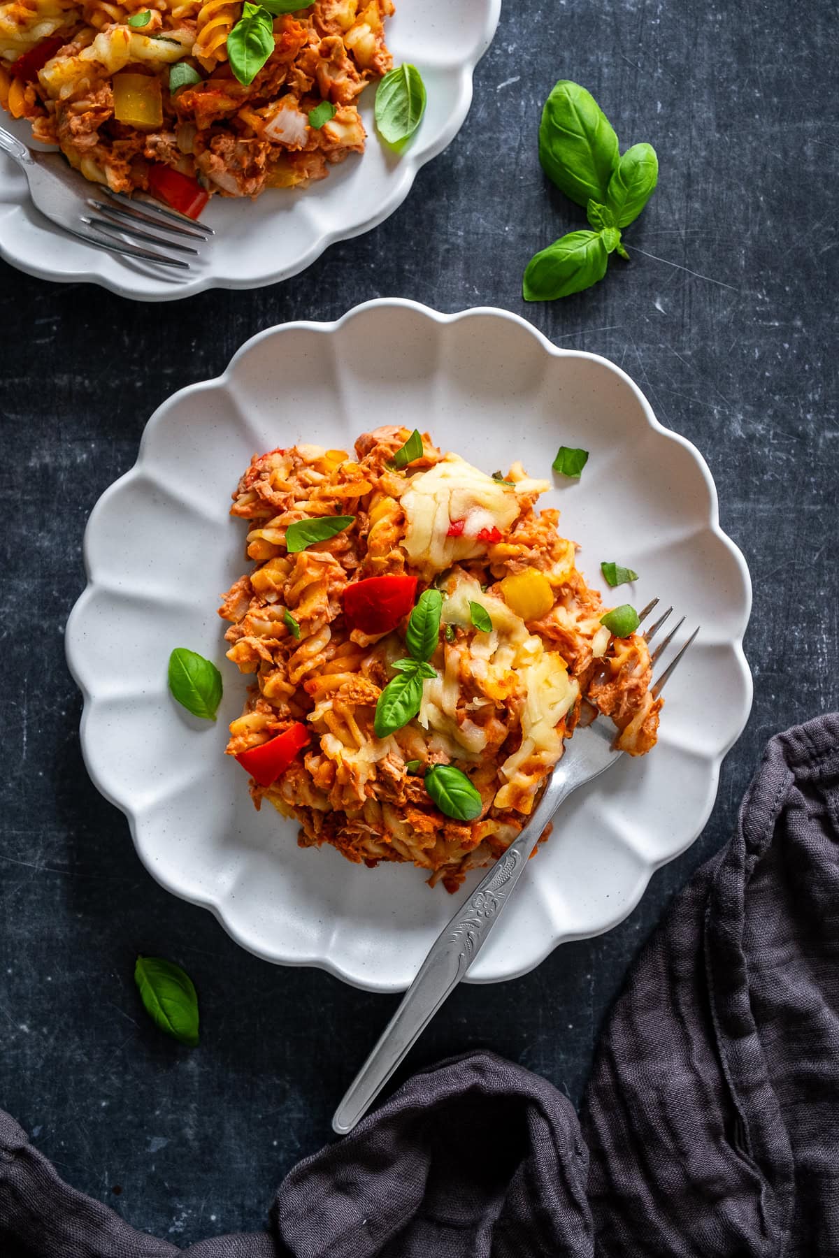Overhead shot of Creamy Tomato Tuna Pasta Bake on a plate.