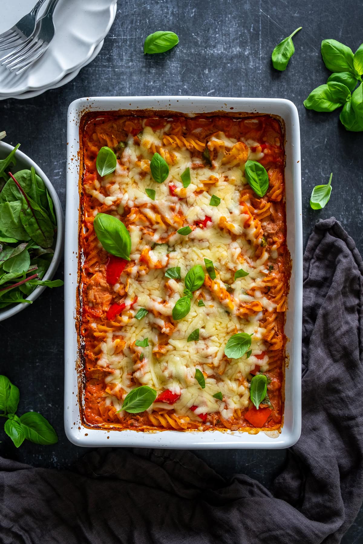 Overhead shot of Creamy Tomato Tuna Pasta Bake in the pan.