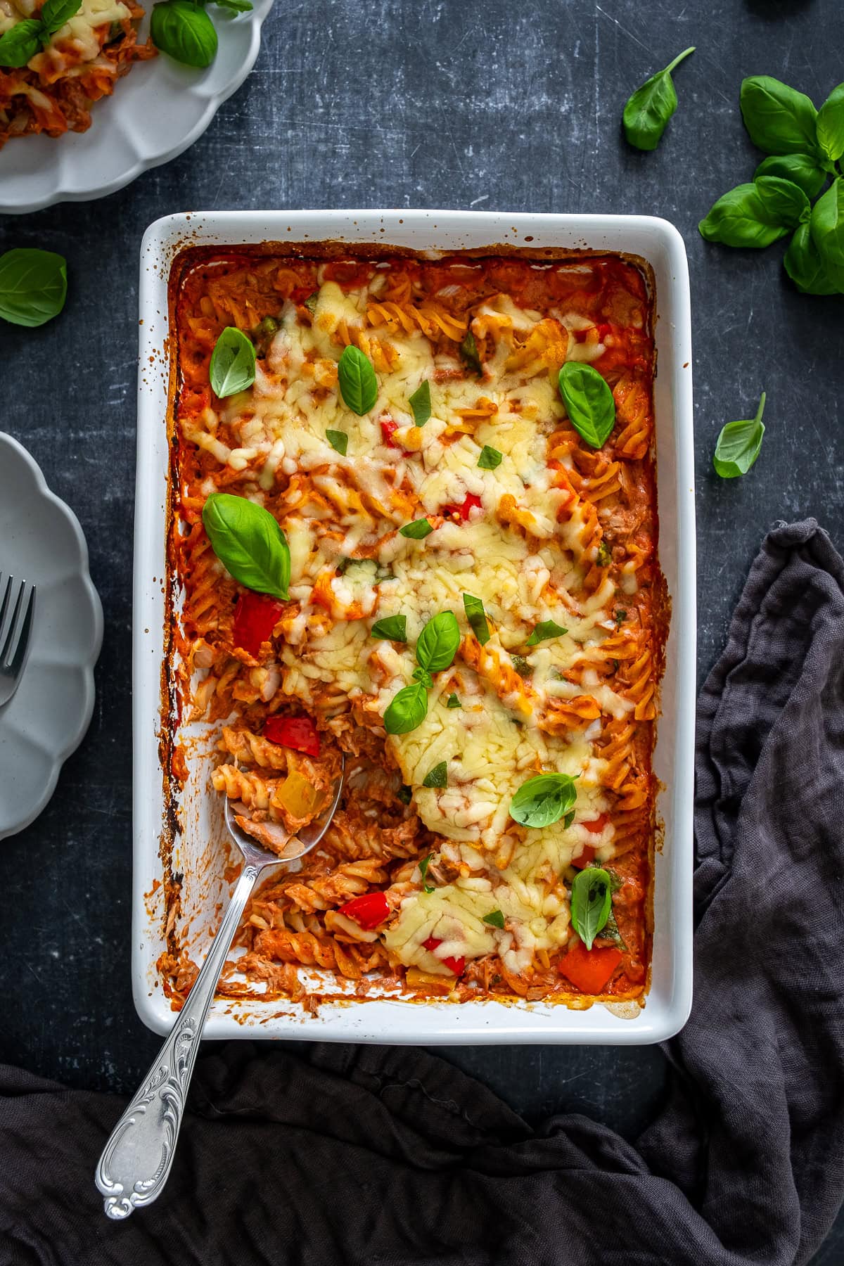 Overhead shot of Creamy Tomato Tuna Pasta Bake in the pan.