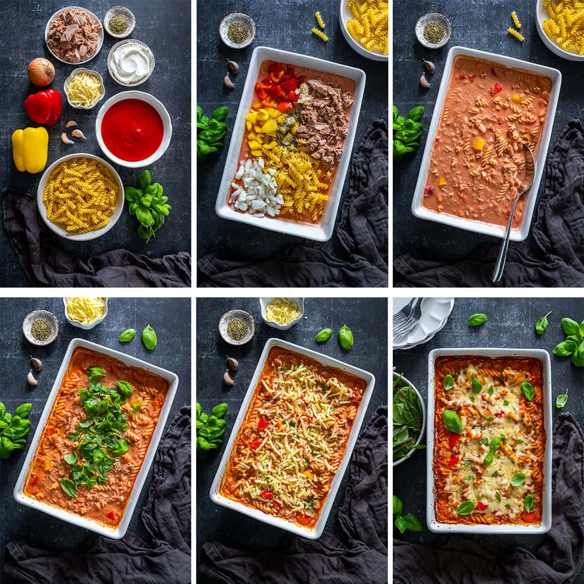 Collage showing 6 process shots for Creamy Tomato Tuna Pasta Bake