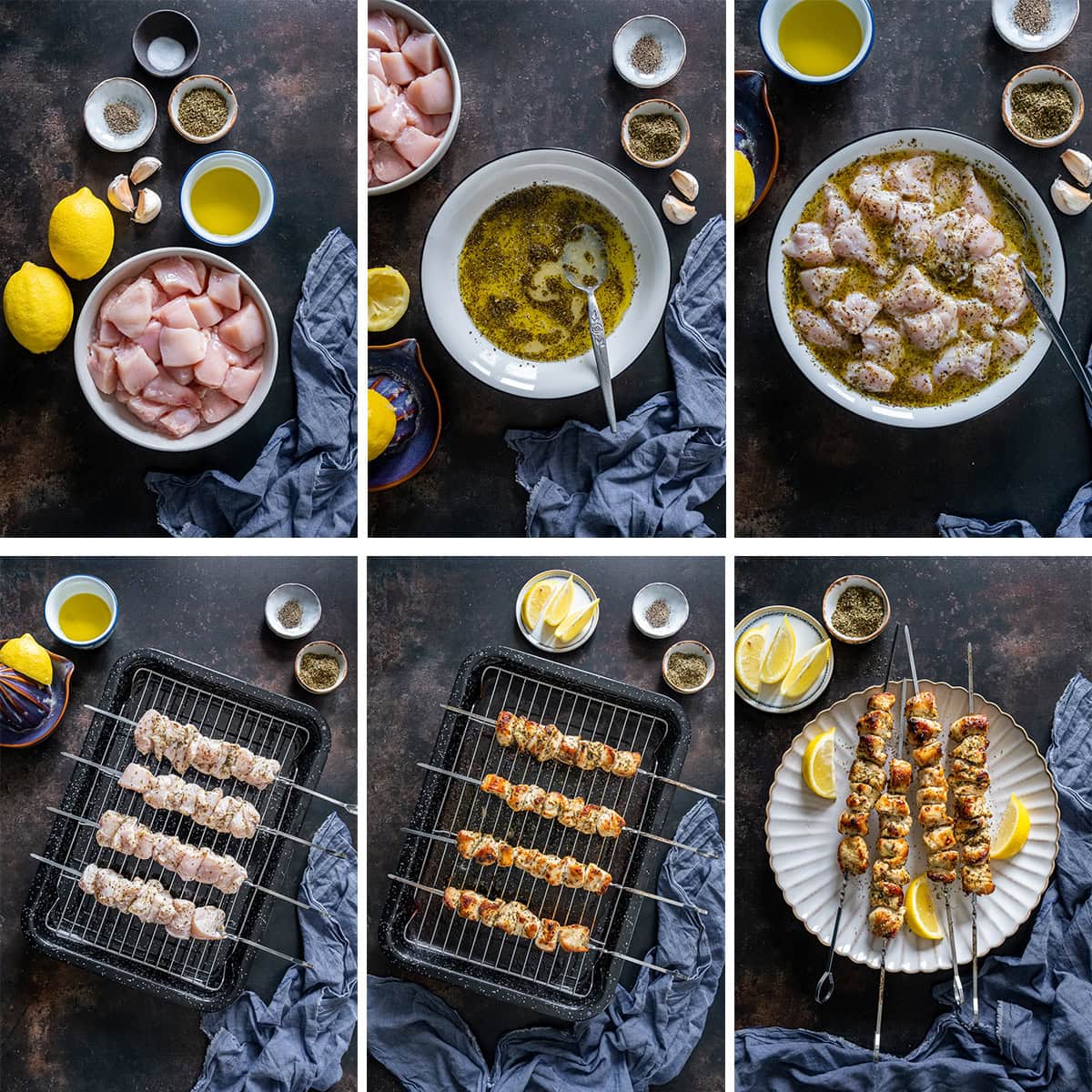 Collage showing 6 process shots for Easy Chicken Souvlaki