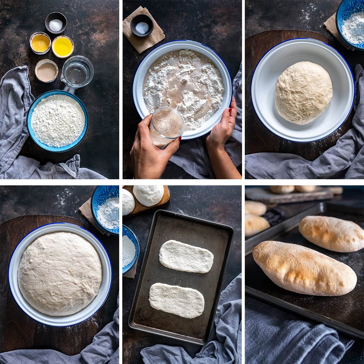 Collage showing 6 process shots for Easy Homemade Pittas