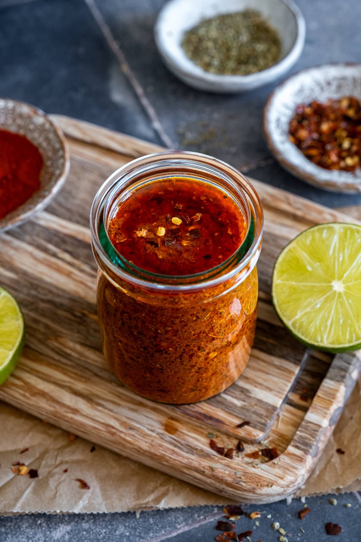 Overhead shot of Homemade Fajita Marinade in a jam jar