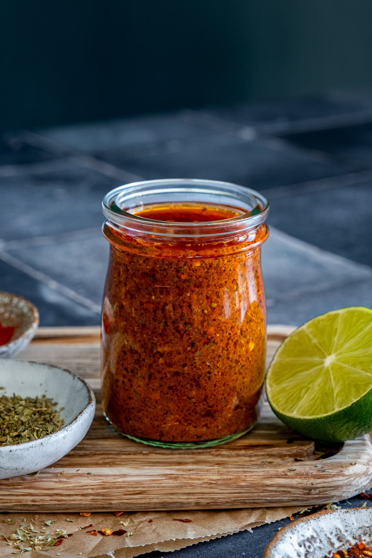 Closeup of Homemade Fajita Marinade in a jam jar.