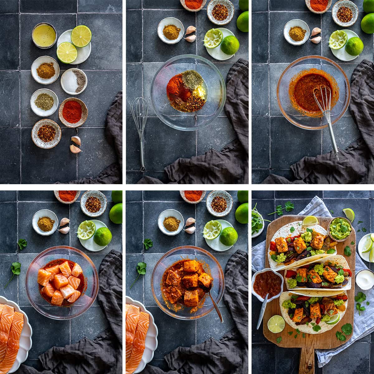 Collage showing 6 process shots for Homemade Fajita Marinade