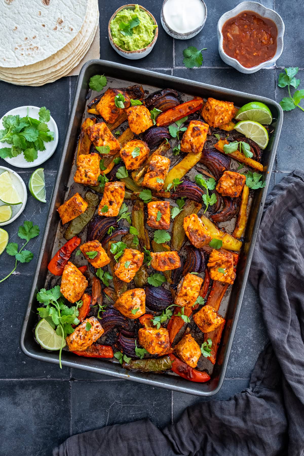 Overhead shot of One Pan Salmon Fajitas in the pan.