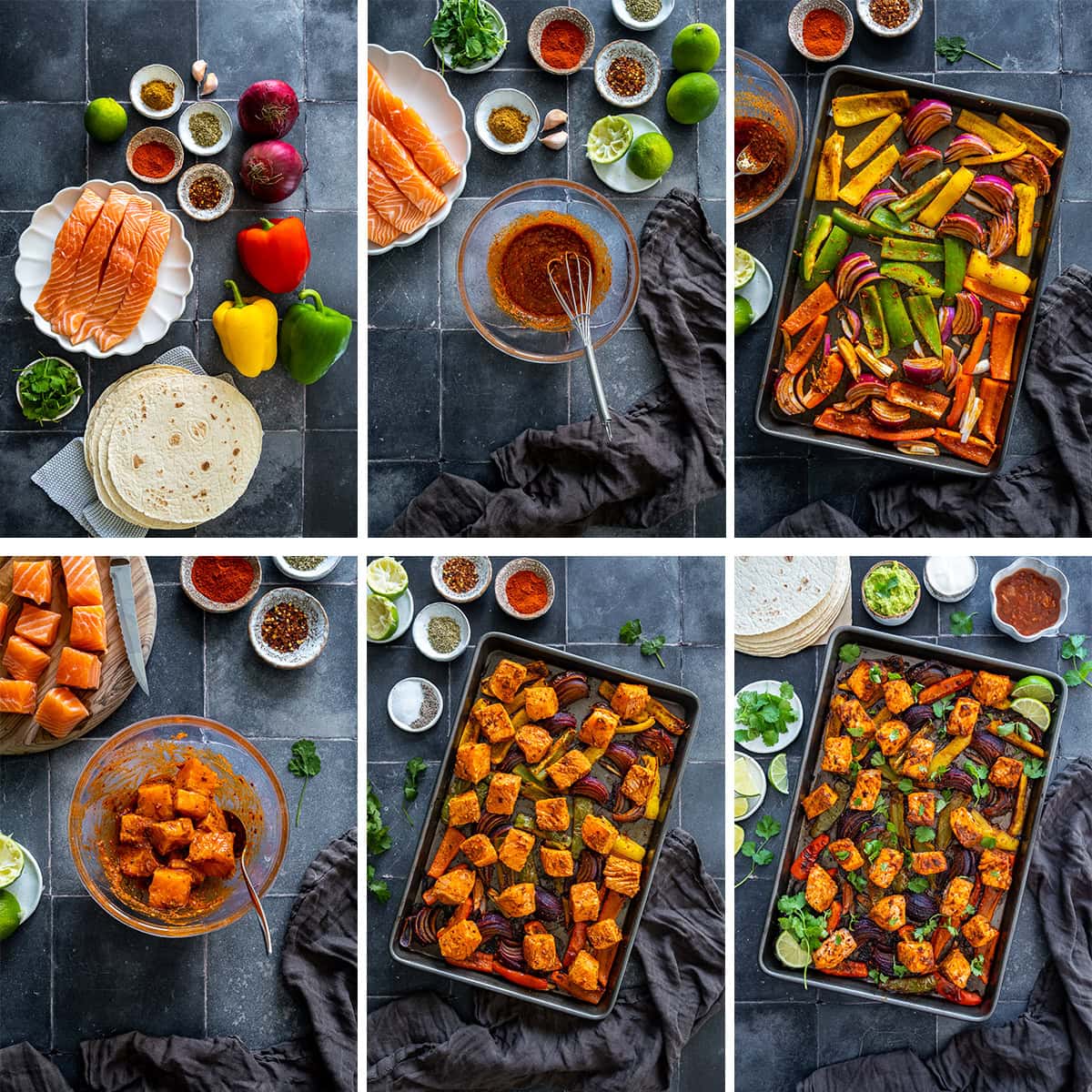 Collage showing 6 process shots for One Pan Salmon Fajitas