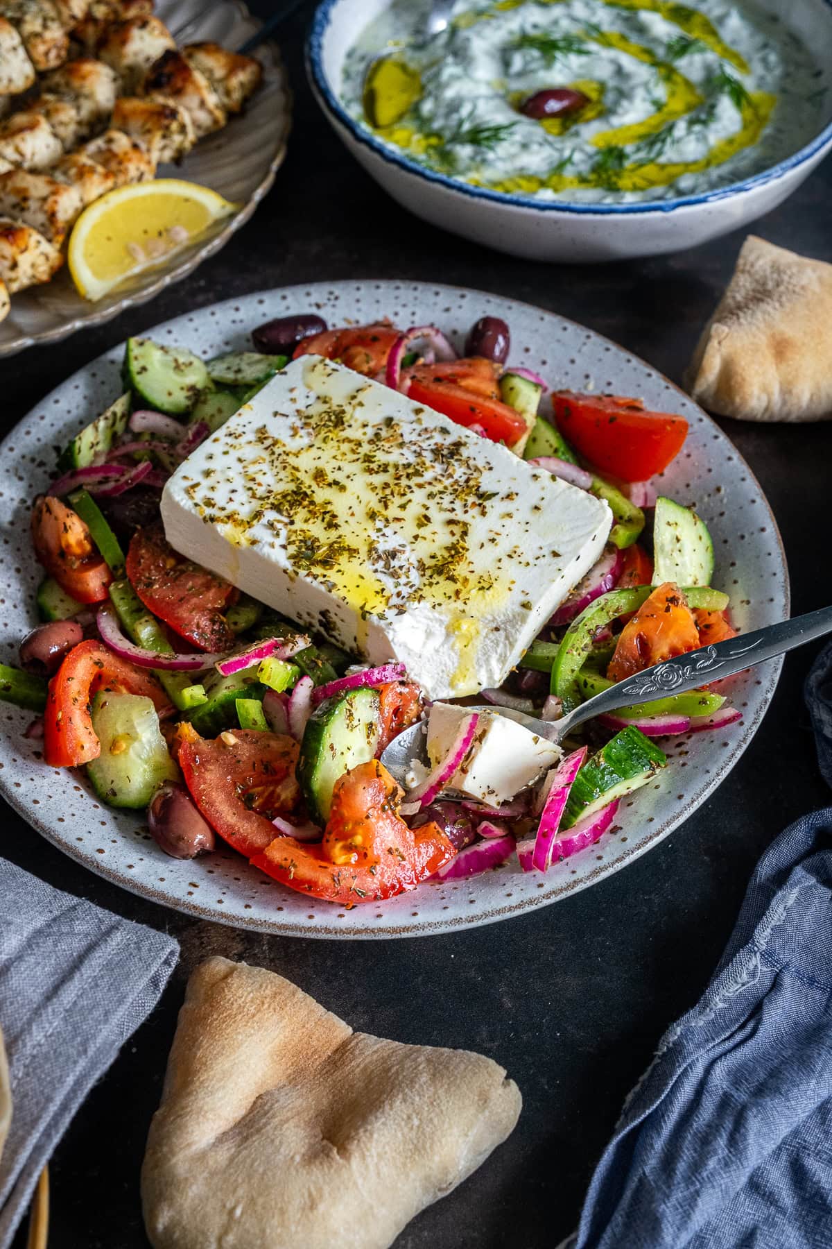 Closeup of Authentic Greek Salad (Horiátiki Salata)