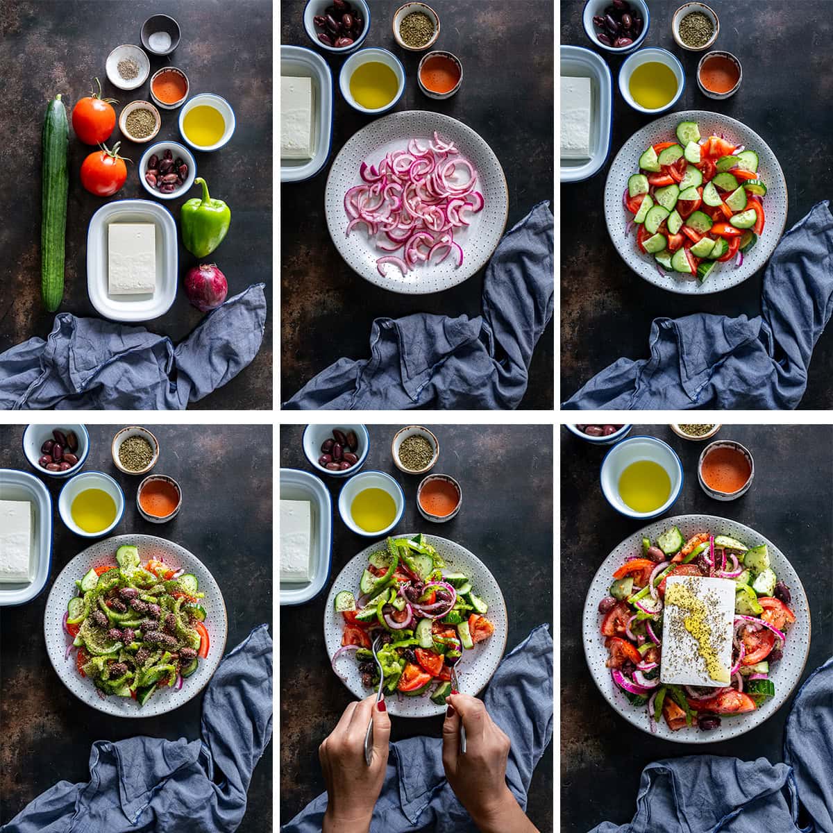 Collage showing 6 process shots for Authentic Greek Salad (Horiátiki Salata)