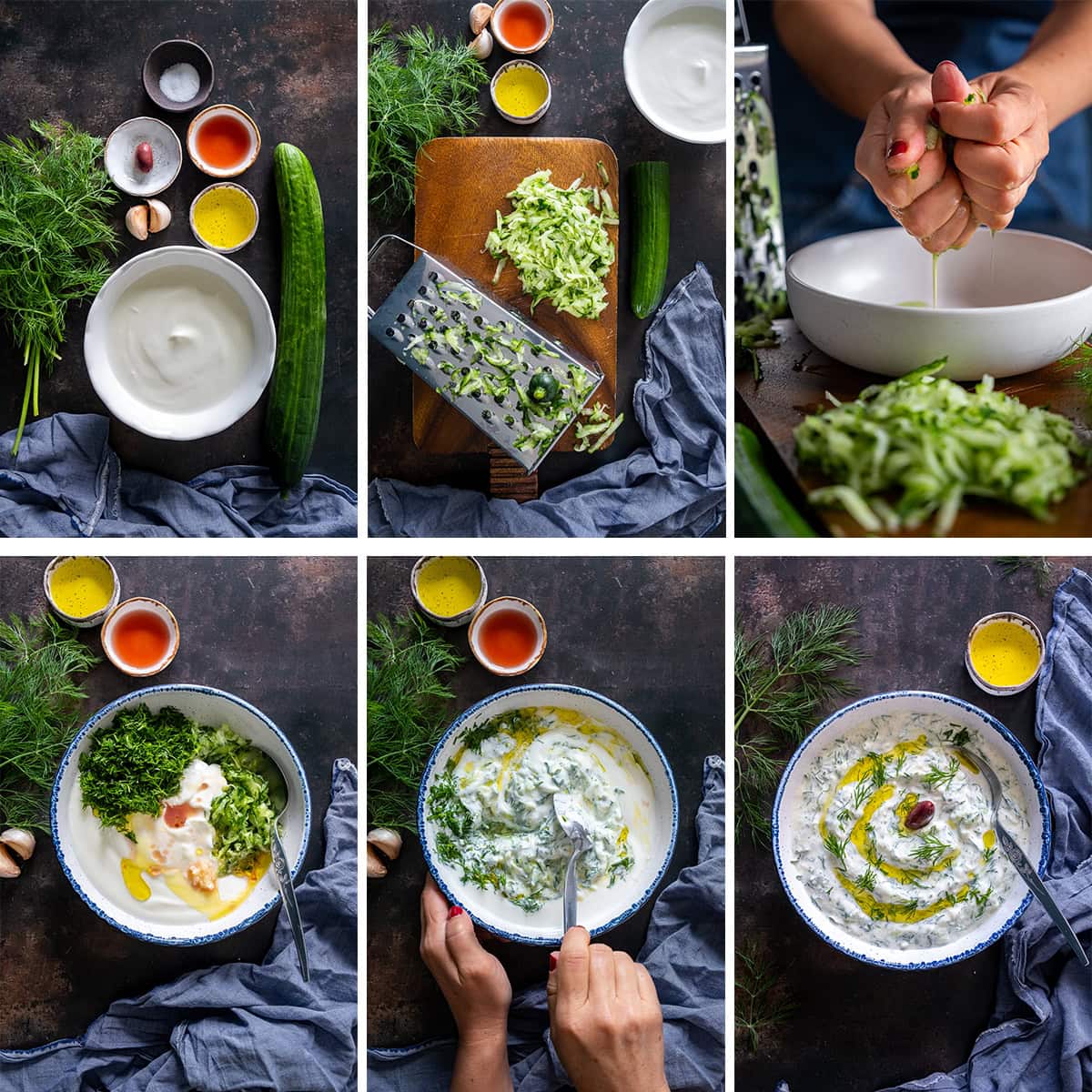 Collage showing 6 process shots for Authentic Greek Tzatziki