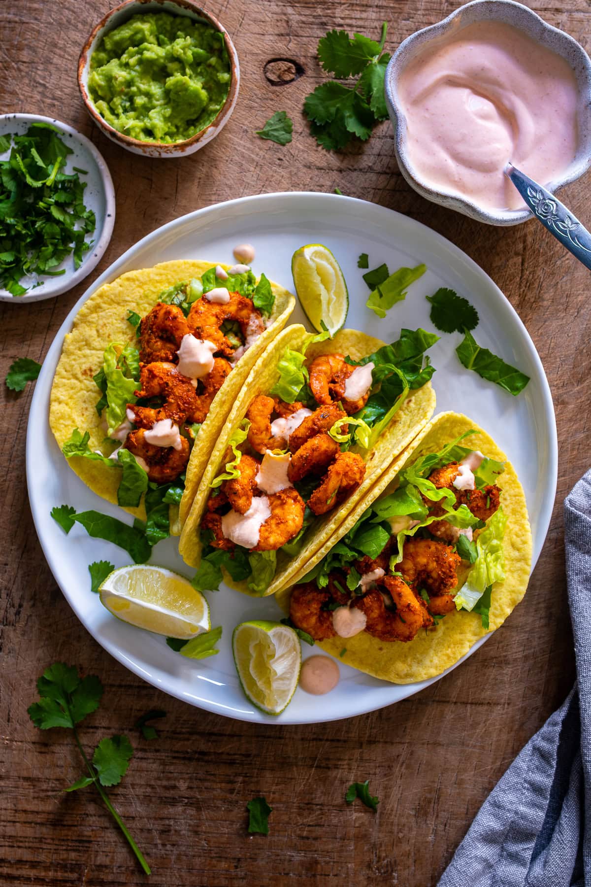 Overhead shot of 3 Easy Prawn Tacos on a plate.