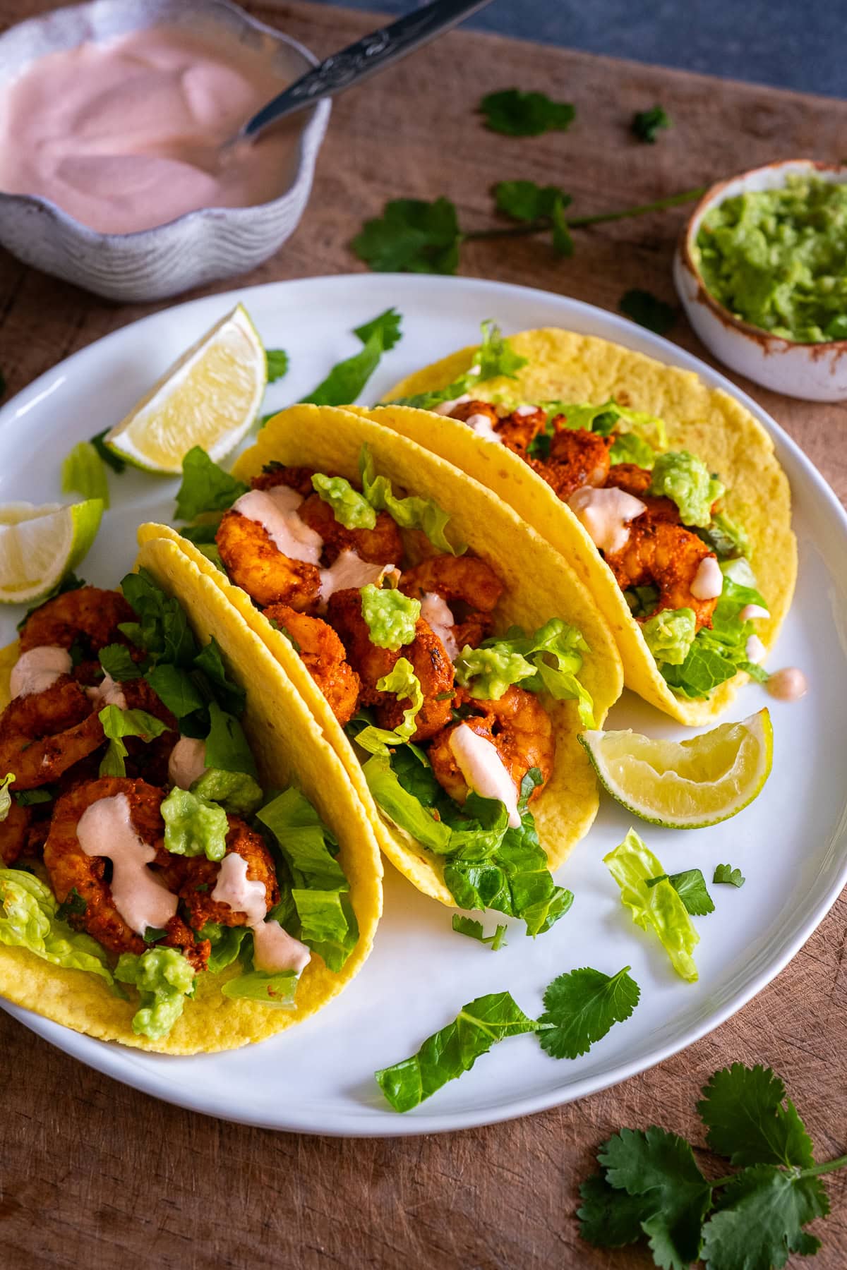 Closeup of 3 Easy Prawn Tacos on a plate.