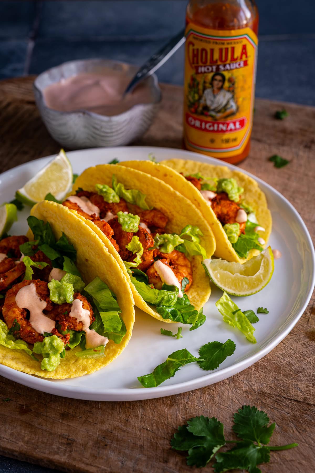 Closeup of 3 Easy Prawn Tacos on a plate.