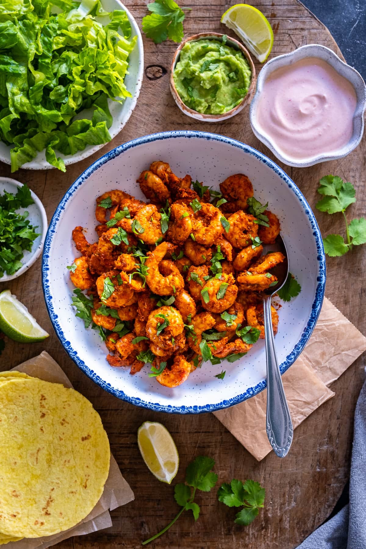 Overhead shot of prawns for Easy Prawn Tacos