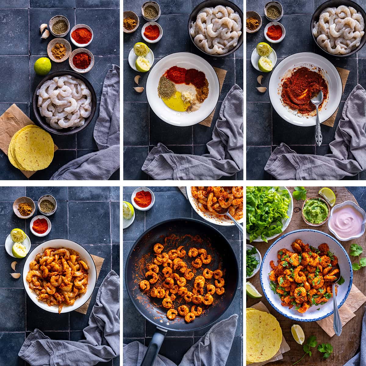 Collage showing 6 process shots for Easy Prawn Tacos