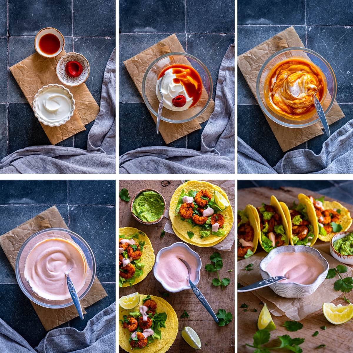 Collage showing 6 process shots for Pink Taco Sauce