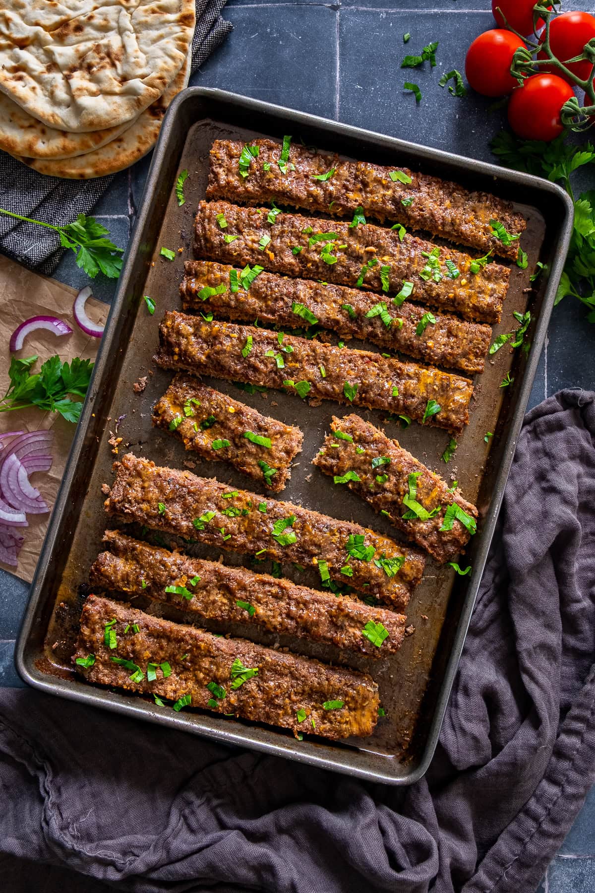 Overhead shot of Sheet Pan Beef Kebabs on the sheet pan.
