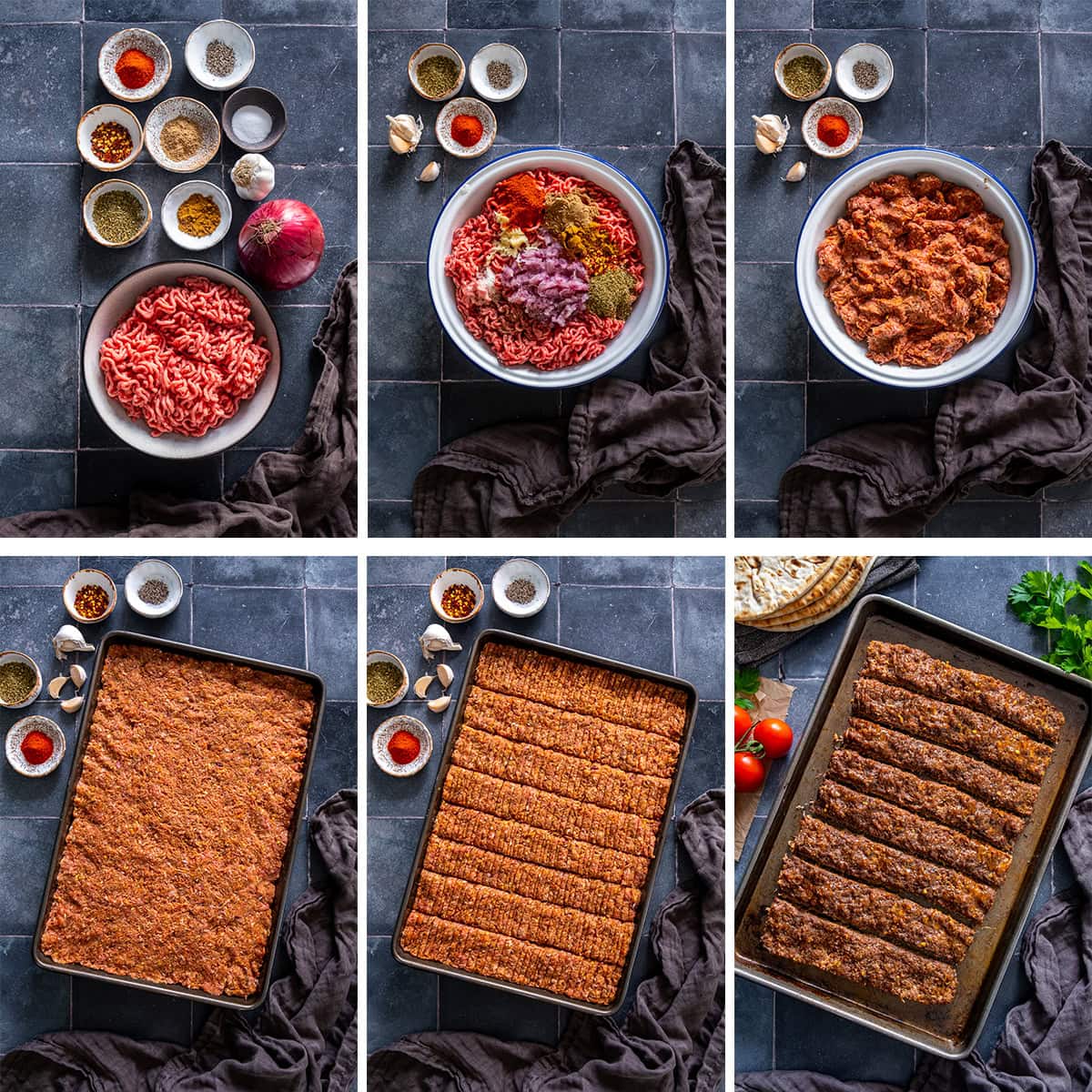 Collage showing 6 process shots for Sheet Pan Beef Kebabs